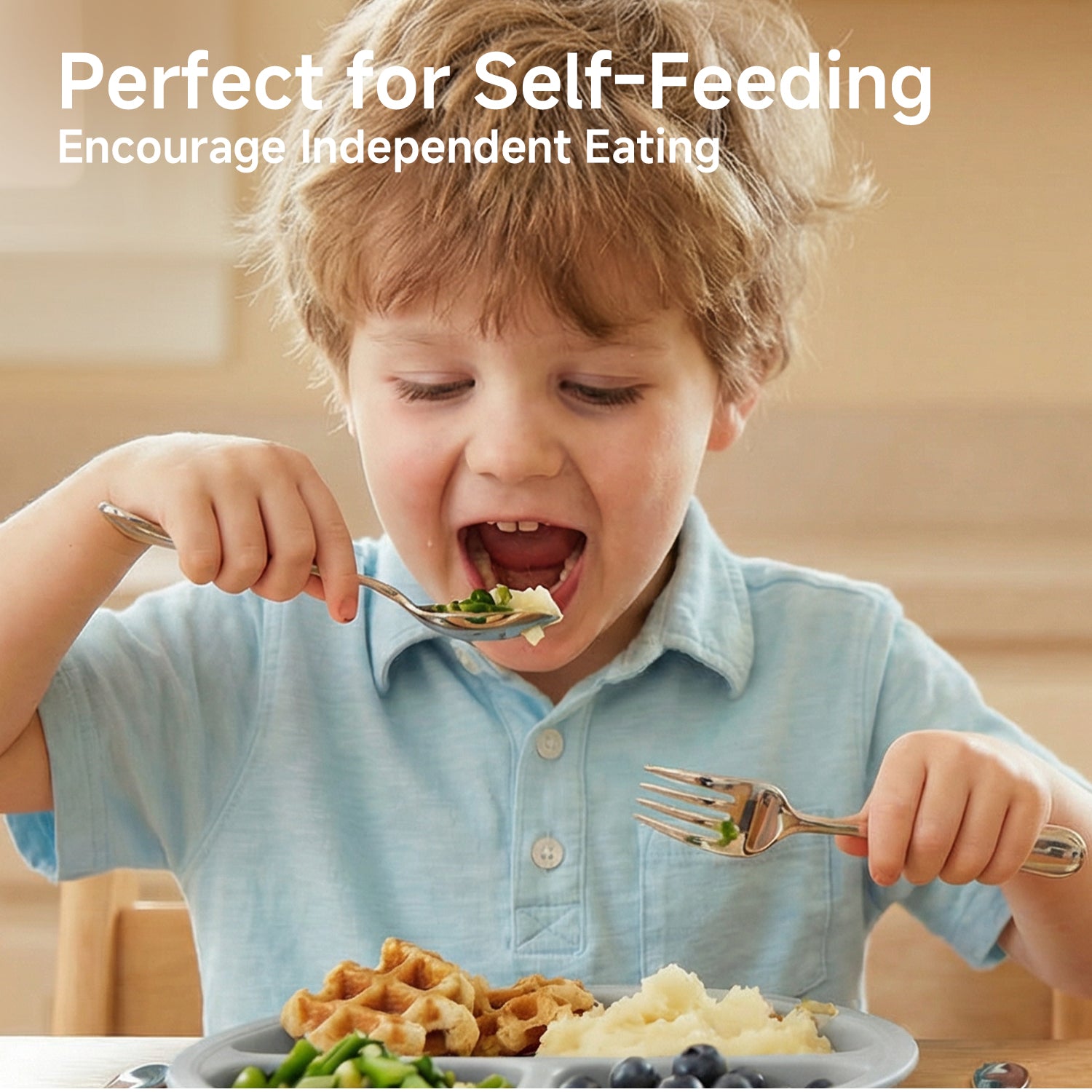 KINGSTONE Toddler Utensils Set, Forks and Spoons, 18/10 Stainless Steel Kids Silverware for Self-Feeding Training, Food-Grade Flatware Set for Traveling, Dishwasher Safe