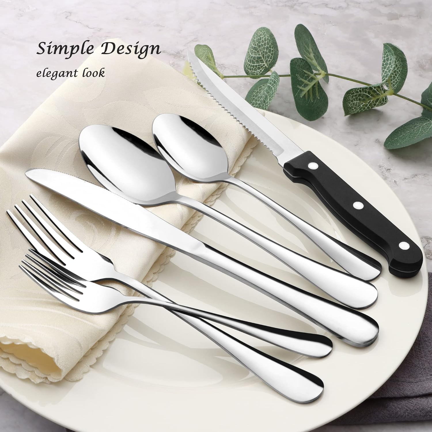 KINGSTONE 24-Piece Silverware Set for 4, 304 Stainless Steel Flatware with Steak Knives
