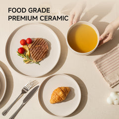 KINGSTONE 12-Piece Ceramic Dinnerware Set for 4, Beige Ribbed Plates and Bowls Sets, Microwave & Dishwasher Safe