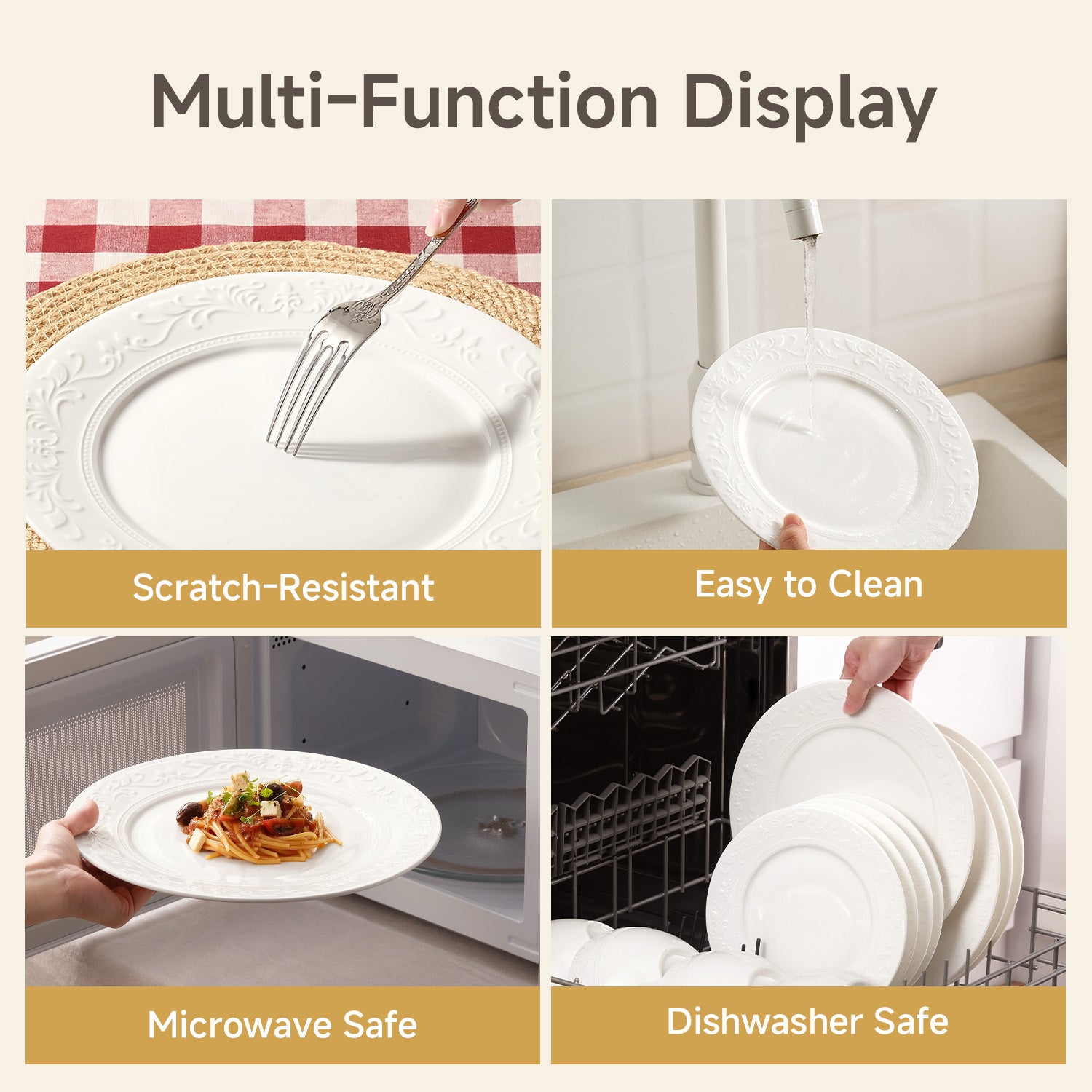 KINGSTONE Bone China Dinnerware Set, 12-Piece Dishes Set for 4, Vintage Relief Ceramic Plates & Bowls, Lightweight Translucent Dishware for Home Dining, Festival Banquet, Party & Gift