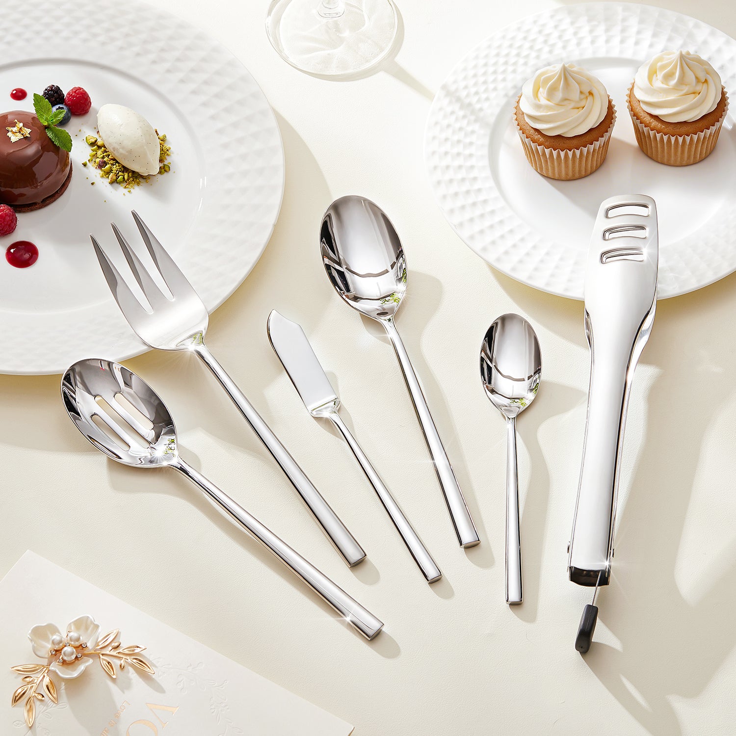 KINGSTONE Silverware Set with Serving Pieces, 18/10 Stainless Steel Flatware Service for 8, Mirror Polished Cutlery, Dishwasher Safe