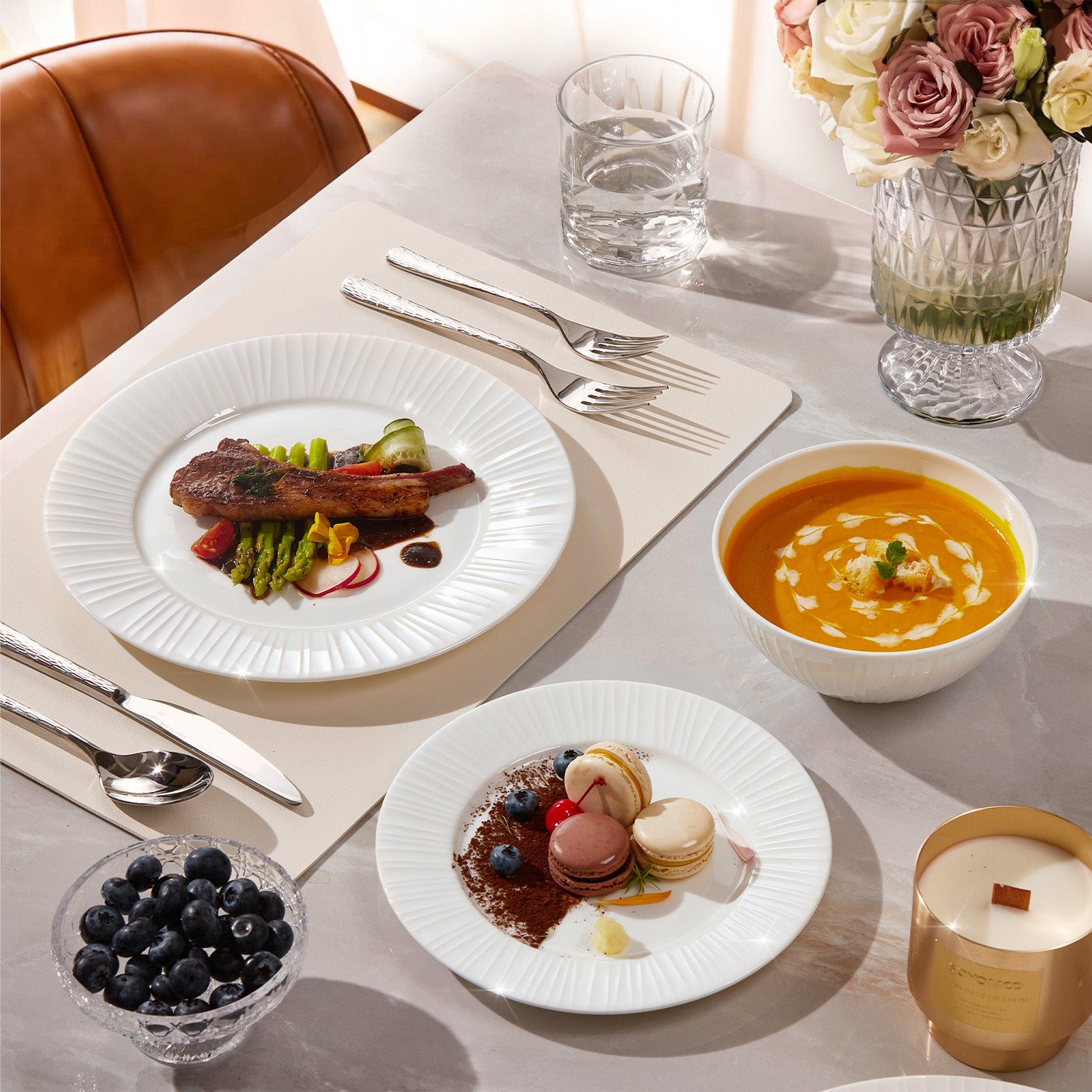 KINGSTONE Bone China Dinnerware Set, White Lightweight Porcelain with Textured Design Service, Plates, Bowls, for Family Dining, Restaurants, Gifting, Microwave and Dishwasher Safe