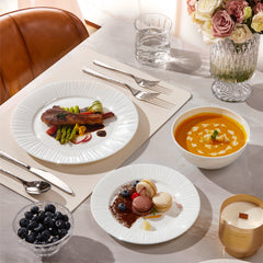 KINGSTONE Bone China Dinnerware Set, White Lightweight Porcelain with Textured Design Service, Plates, Bowls, for Family Dining, Restaurants, Gifting, Microwave and Dishwasher Safe