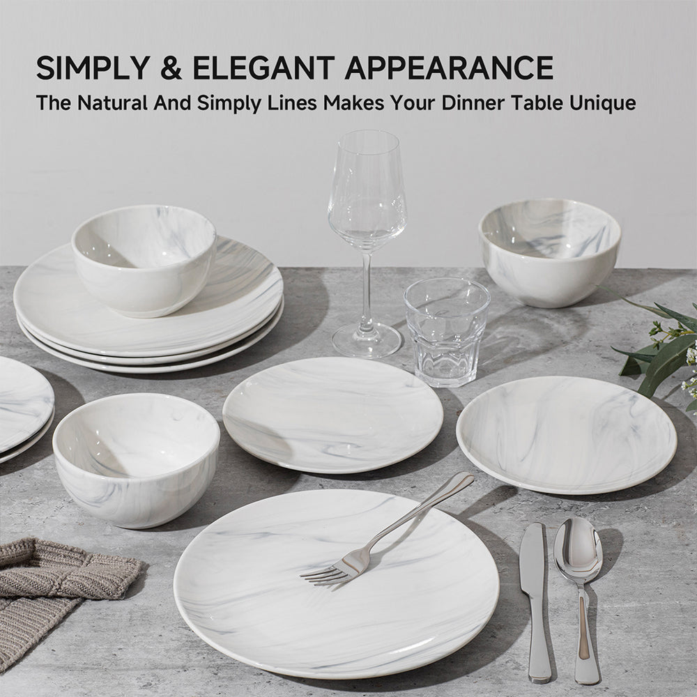 KINGSTONE 12-Piece Stoneware Dinnerware Set for 4, Scratch-Resistant Ceramic Plates and Bowls Dishes for Home, Kitchen, Microwave & Dishwasher Safe, Marble White