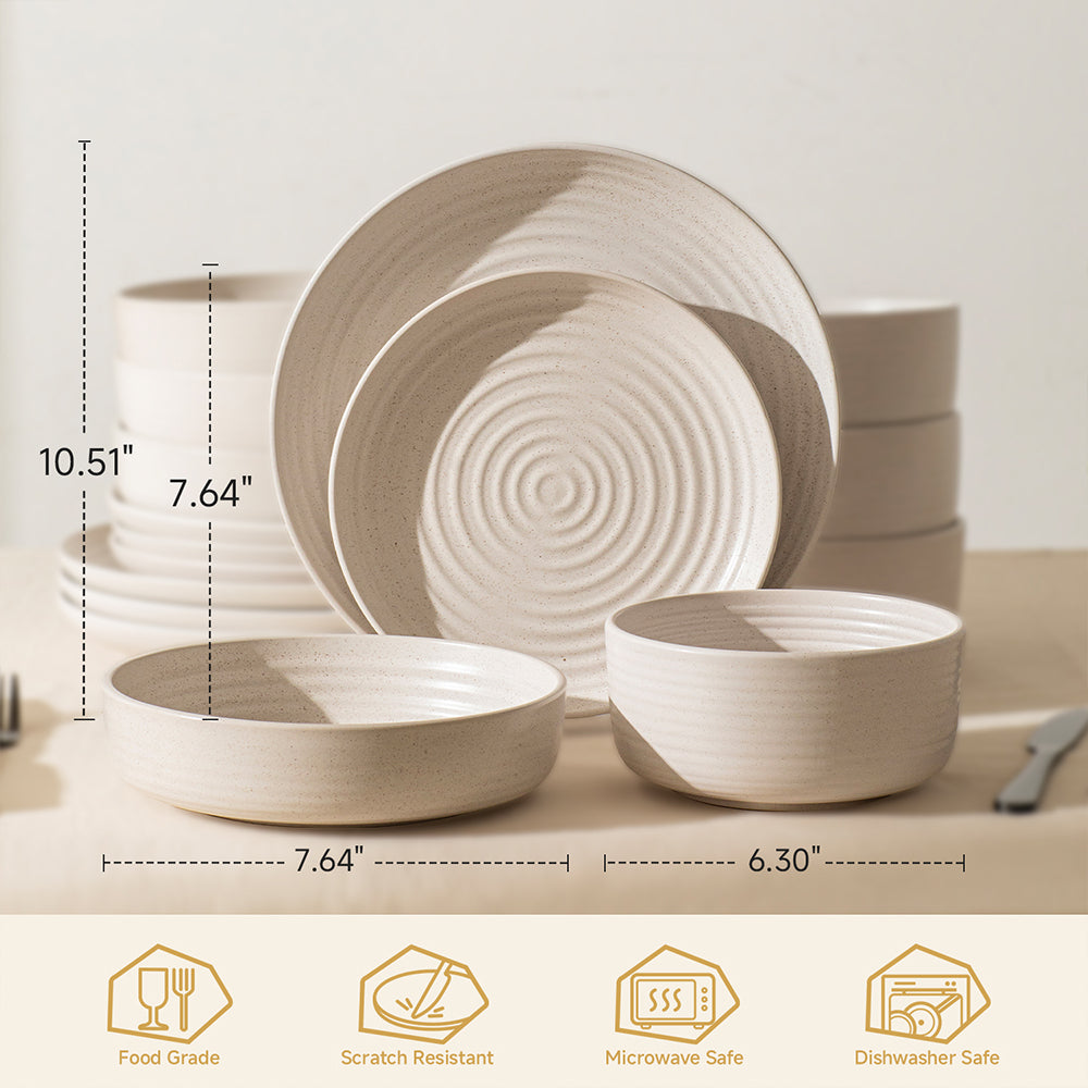 KINGSTONE 16-Piece Stoneware Plates and Bowls Sets for 4, Dinnerware Set for New Apartment Essentials, Microwave & Dishwasher Safe, Speckled White