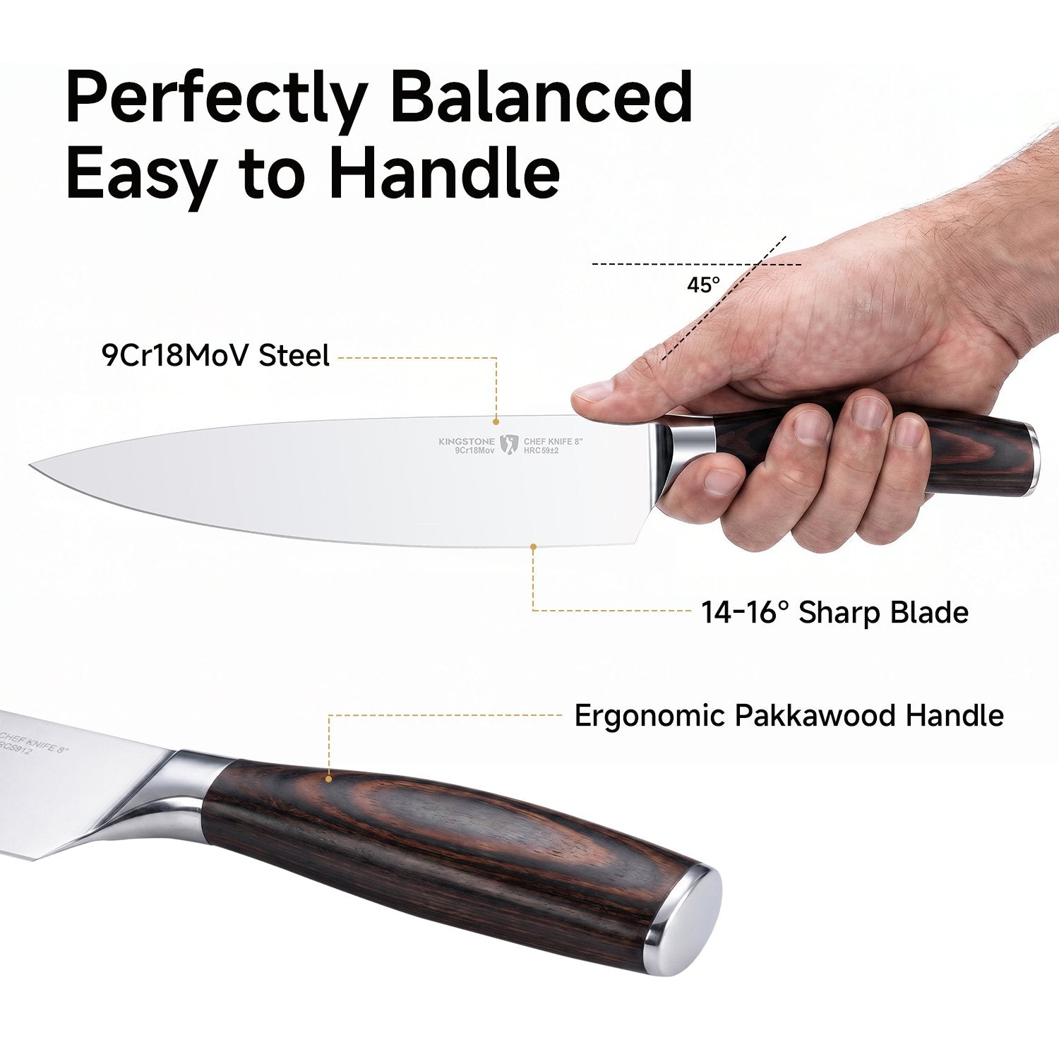 KINGSTONE 8-Inch Professional Chef Knife, High Carbon Stainless Steel Kitchen Knife with Ergonomic Pakkawood Handle and Gift Box