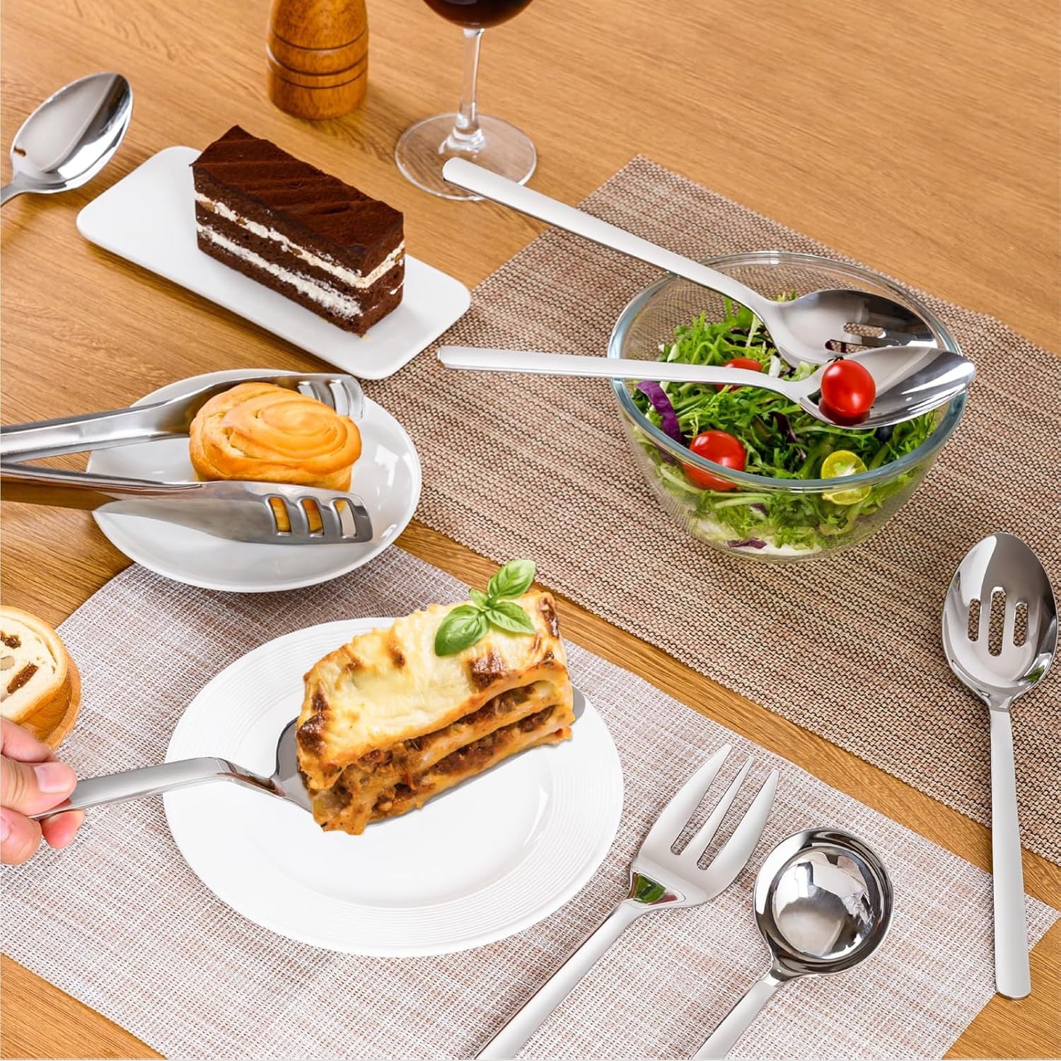KINGSTONE 9 Pieces Serving Utensils Set, 18/10 Stainless Steel Hostess Set for Party Banquet Buffet, Dishwasher Safe, Silver