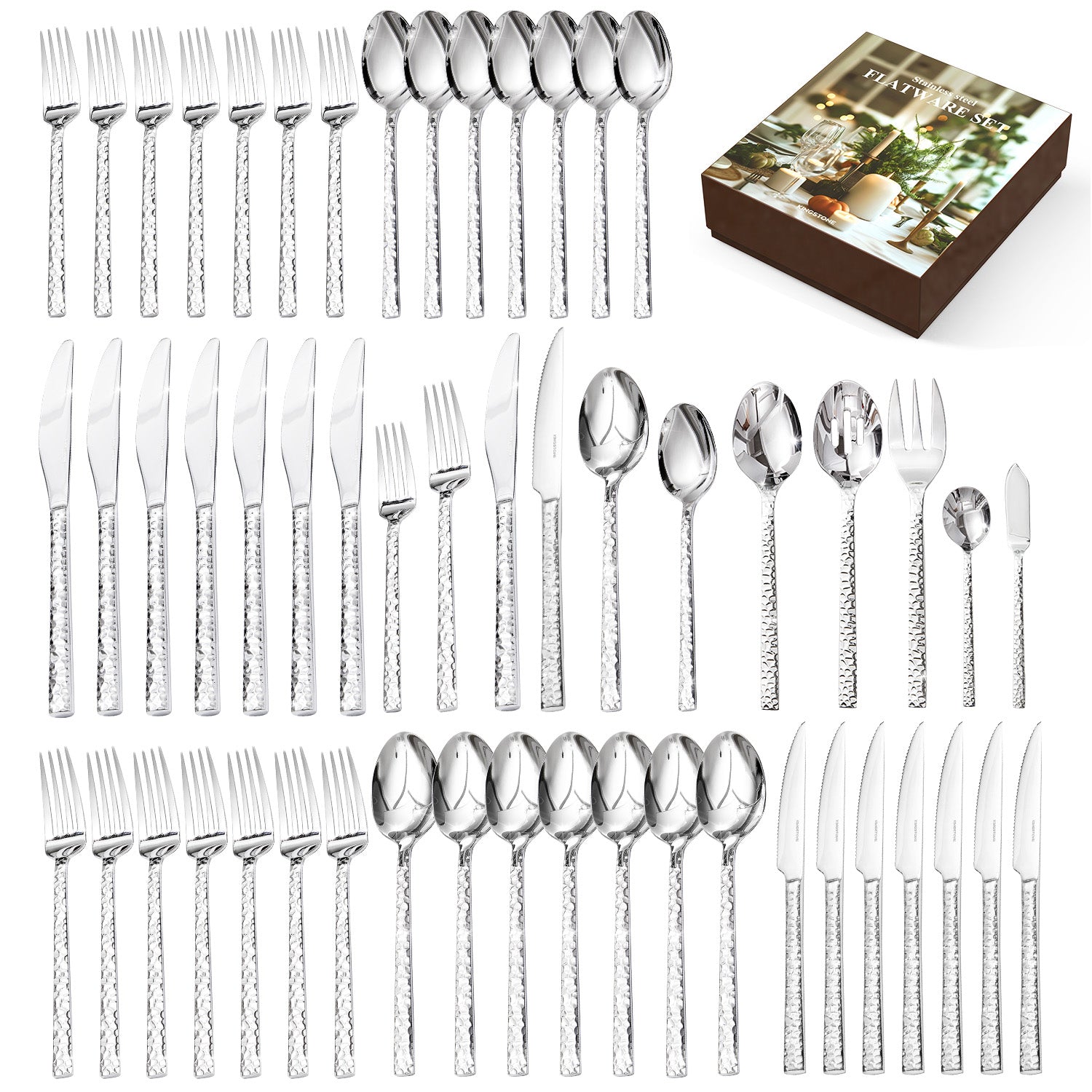 KINGSTONE 18/10 Stainless Steel Silverware Set with Serving Utensils for 8, Cutlery Set with Hammered Pattern for Kitchen, Home, Restaurant, Mirror Polished & Dishwasher Safe