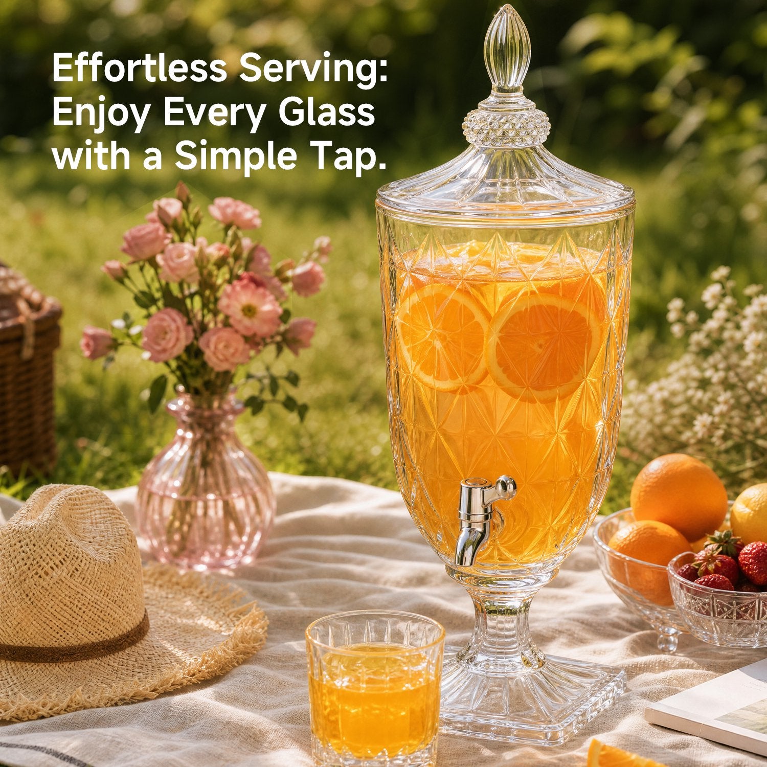 KINGSTONE 1.3 Gallon Glass Beverage Dispenser with Leak-Proof Spigot, 169 oz Extra Large Wine Decanter with Diamond-Ribbed Design & Lid for Parties, Weddings