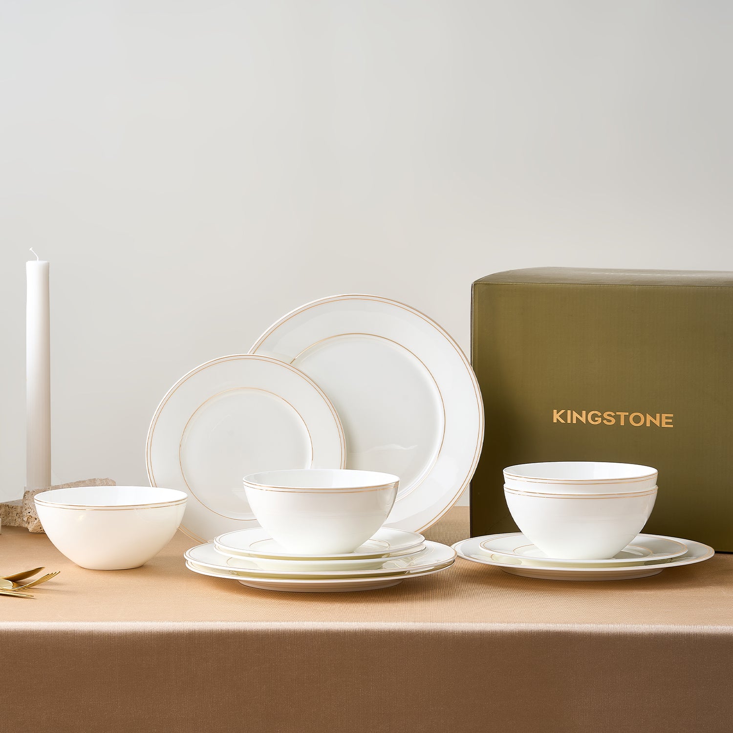 KINGSTONE Bone China Dinnerware Set, Elegant Gold Trim Ceramic Plates & Bowls, Lightweight Translucent Dish Set for Home Dining, Party & Gift