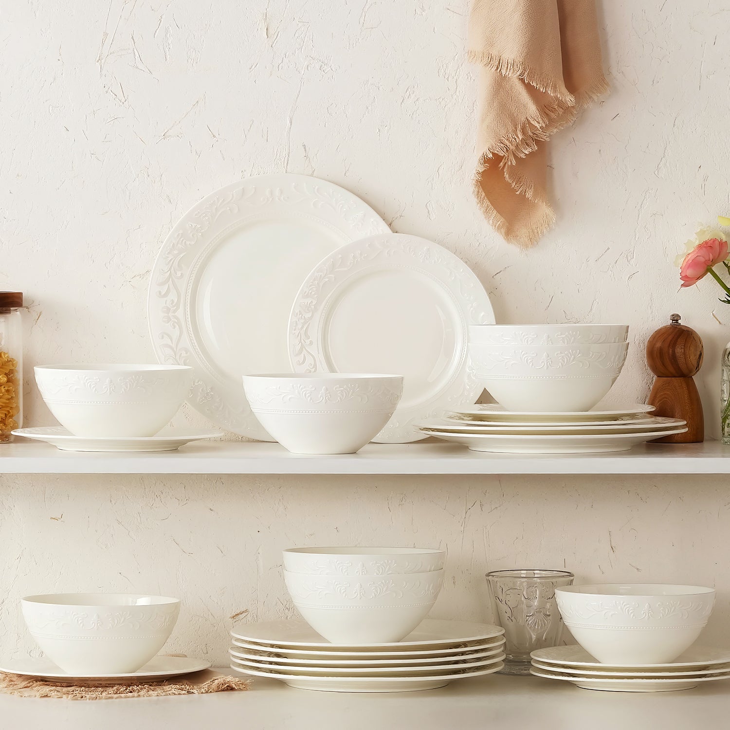 KINGSTONE Bone China Dinnerware Set, 12-Piece Dishes Set for 4, Vintage Relief Ceramic Plates & Bowls, Lightweight Translucent Dishware for Home Dining, Festival Banquet, Party & Gift