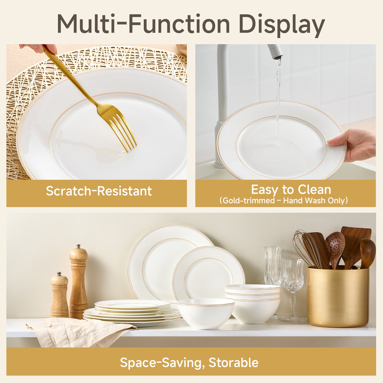 KINGSTONE Bone China Dinnerware Set, Elegant Gold Trim Ceramic Plates & Bowls, Lightweight Translucent Dish Set for Home Dining, Party & Gift
