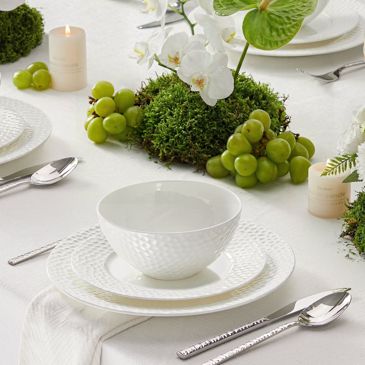 KINGSTONE Bone China Dinnerware Set, White Porcelain Tableware, Hammered Rim Plates and Bowls, Microwave and Dishwasher Safe, Elegant Dish Set for Wedding, Family & Restaurant