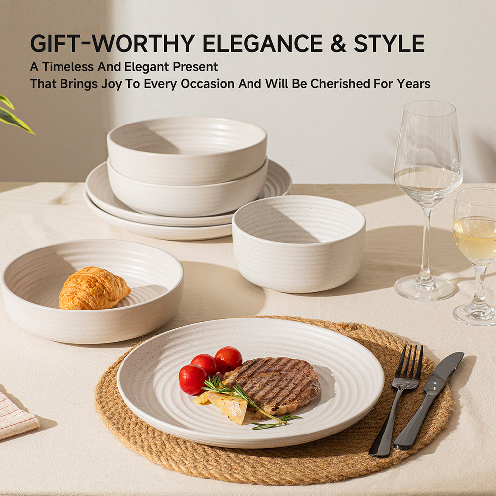 KINGSTONE 16-Piece Stoneware Plates and Bowls Sets for 4, Dinnerware Set for New Apartment Essentials, Microwave & Dishwasher Safe, Speckled White