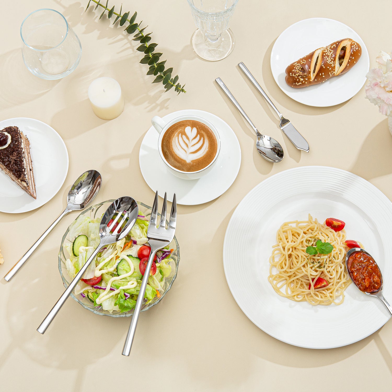 KINGSTONE Silverware Set with Serving Pieces, 18/10 Stainless Steel Flatware Service for 8, Mirror Polished Cutlery, Dishwasher Safe