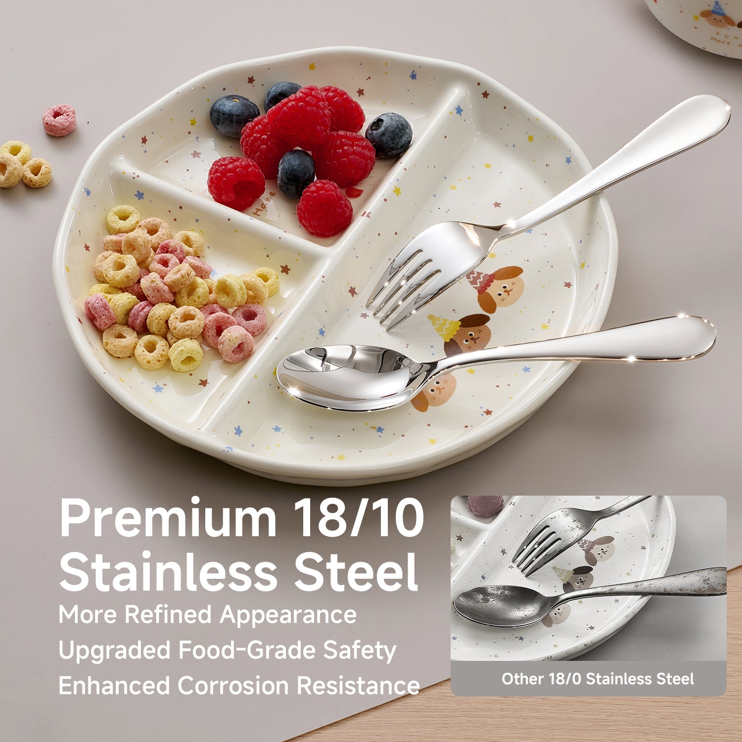 KINGSTONE Toddler Utensils Set, Forks and Spoons, 18/10 Stainless Steel Kids Silverware for Self-Feeding Training, Food-Grade Flatware Set for Traveling, Dishwasher Safe