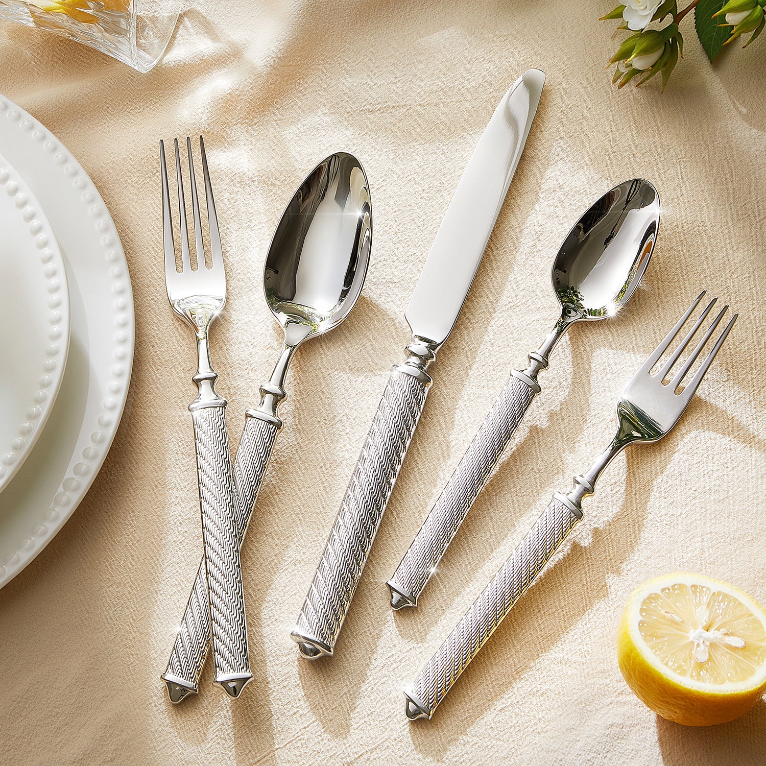 KINGSTONE Retro Rope-Pattern Silverware Set, Flatware Set Cutlery Set Forged with Handcrafted Texture Handles 18/10 Stainless Steel, Dishwasher Safe