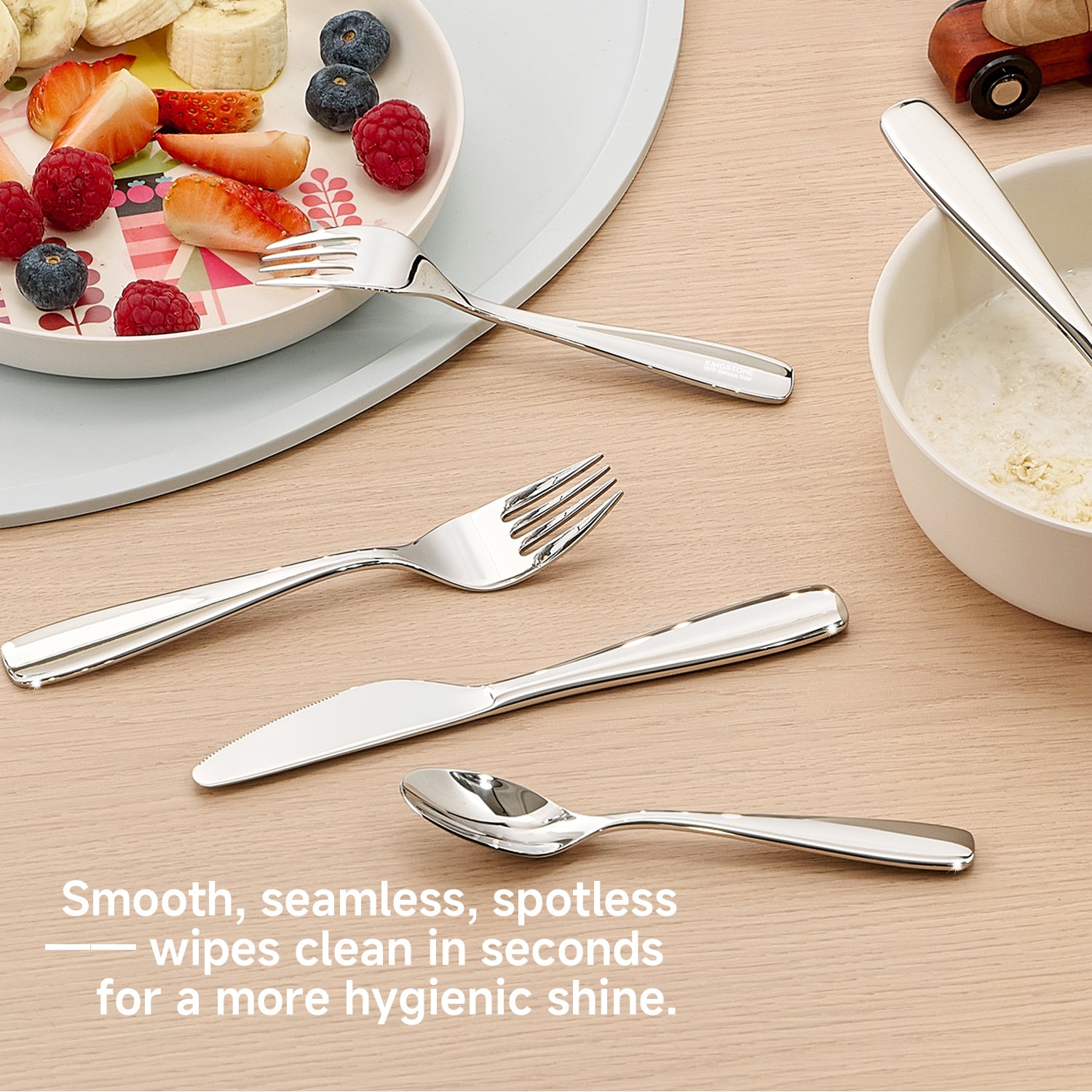 KINGSTONE Toddler Utensils Set with Case, 18/10 Stainless Steel Kids Silverware - Children Safe Small Fork & Spoon, Food-Grade Toddler Dishes, Mirror Polished, Dishwasher Safe