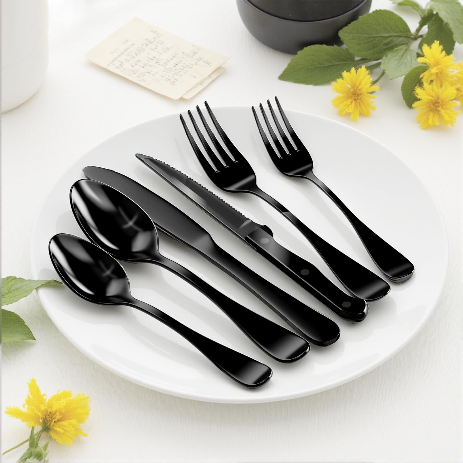 KINGSTONE 49-Piece Black Silverware Set for 8, 304 Stainless Steel Flatware with Organizer and Steak Knives, Dishwasher Safe