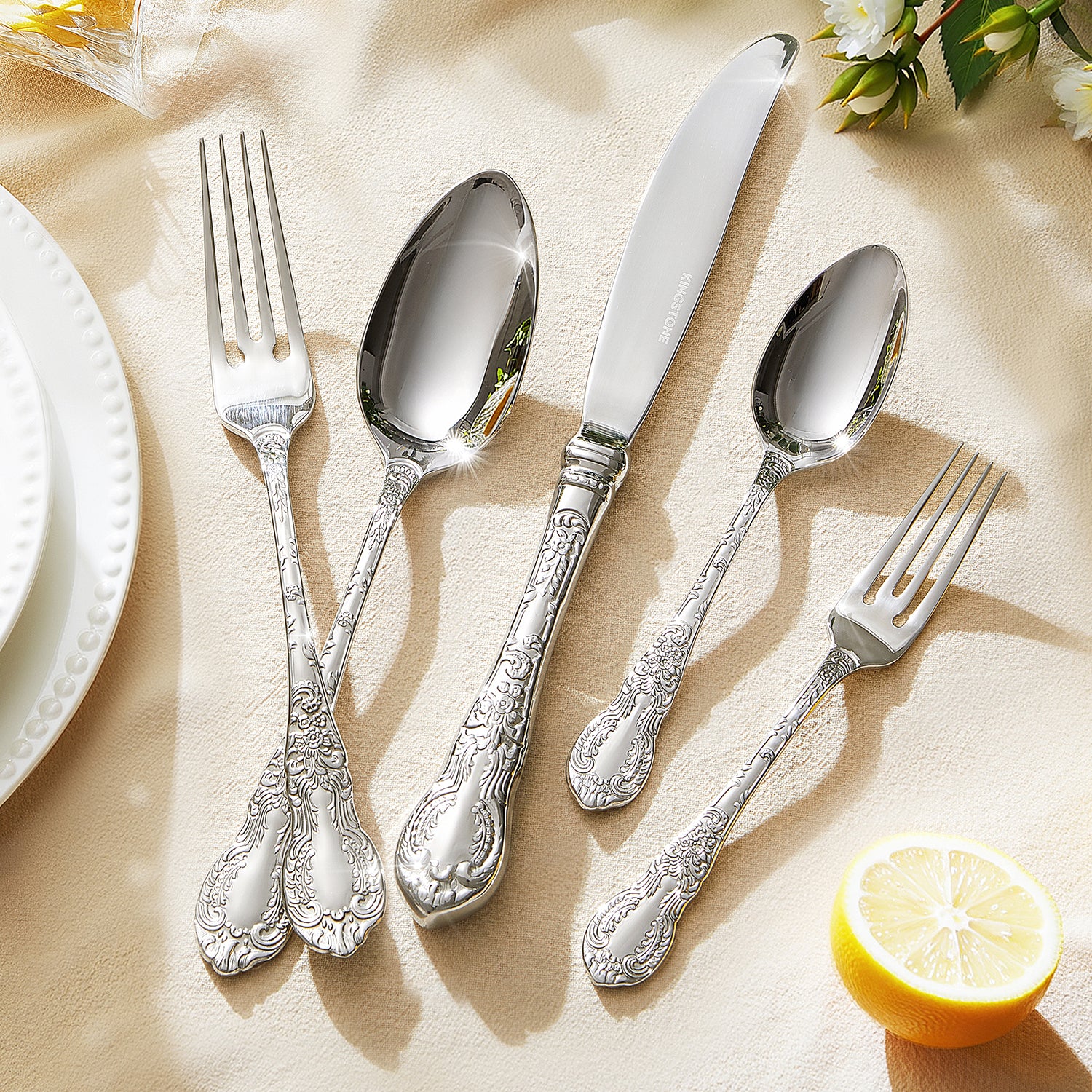 KINGSTONE Vintage Carved Silverware Set, 5-Piece 18/10 Stainless Steel Flatware