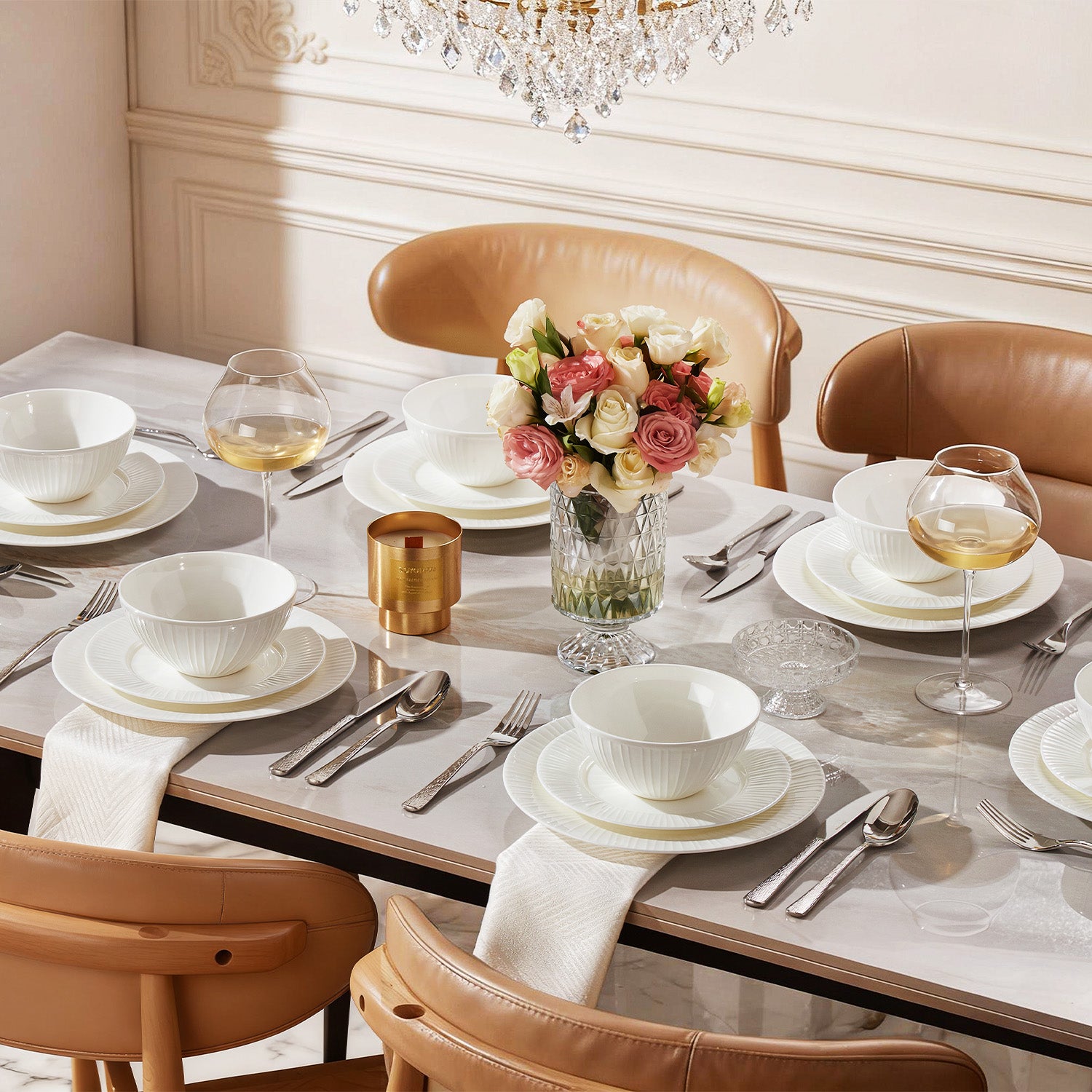 KINGSTONE Bone China Dinnerware Set, White Lightweight Porcelain with Textured Design Service, Plates, Bowls, for Family Dining, Restaurants, Gifting, Microwave and Dishwasher Safe