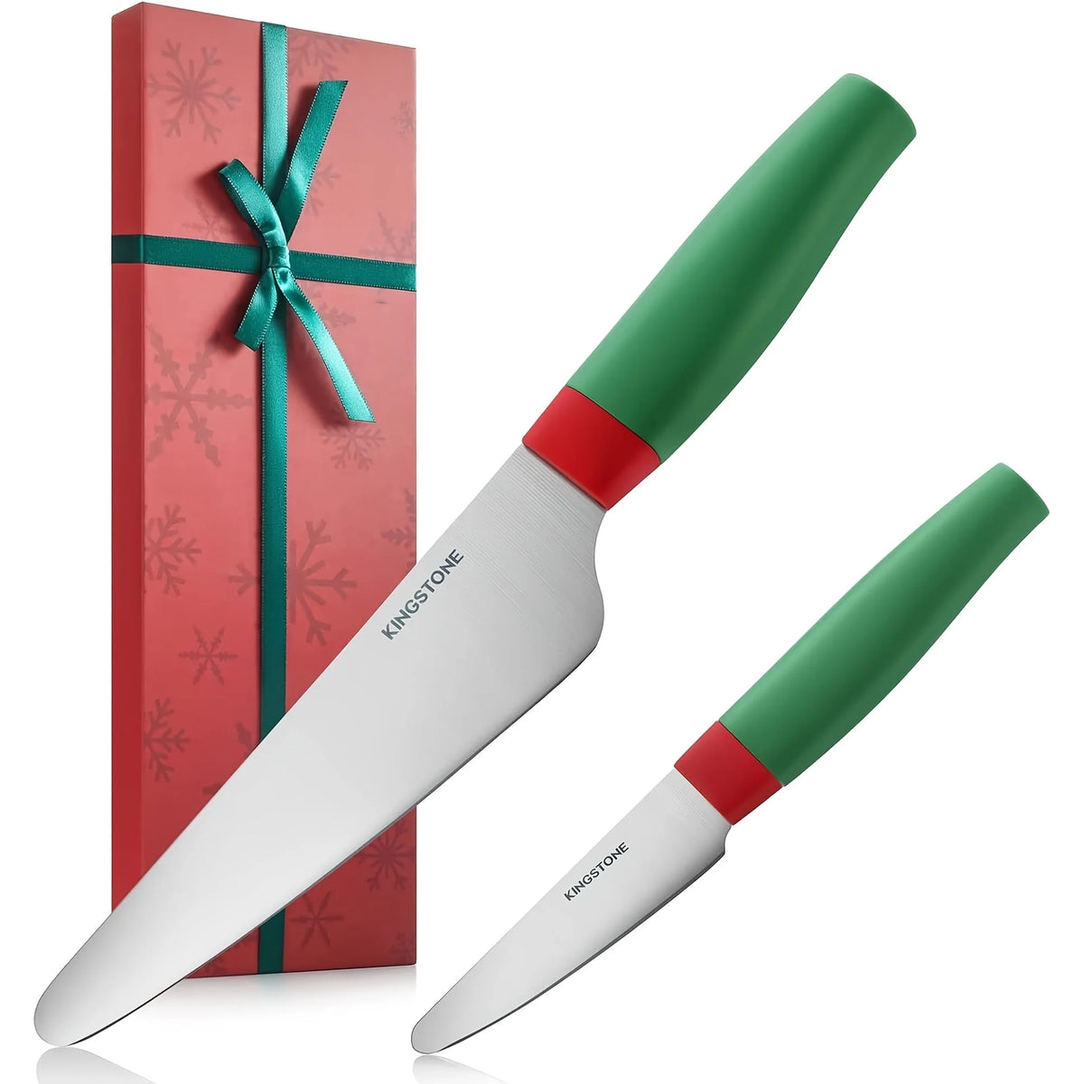 KINGSTONE 2-Piece Kitchen Knife Set with Gift Box, Stainless Steel Chef Knives with Christmas Pattern, Ergonomic Cutlery Set, Round Tip Safety Knives for Home Cooking