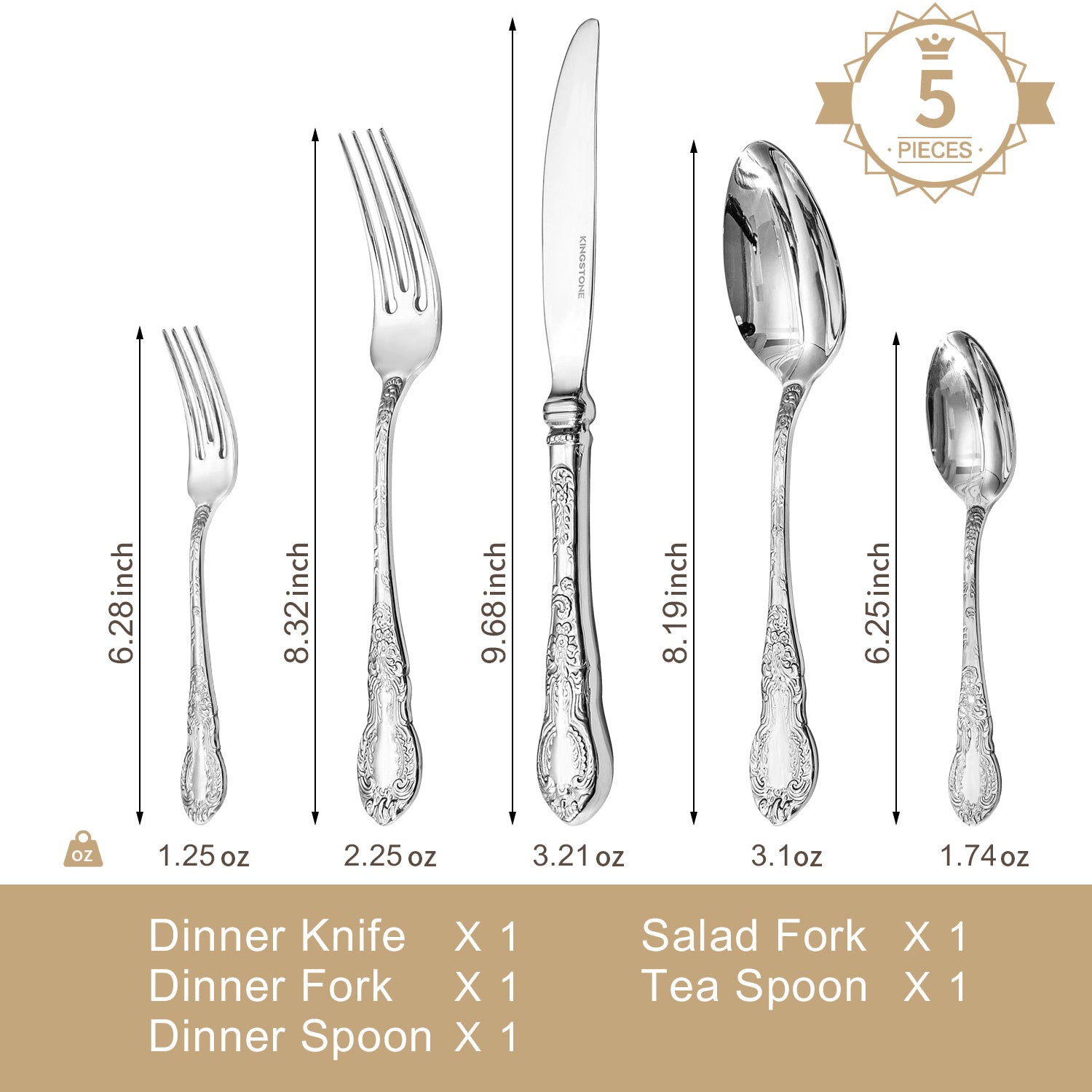 KINGSTONE Vintage Carved Silverware Set, 5-Piece 18/10 Stainless Steel Flatware