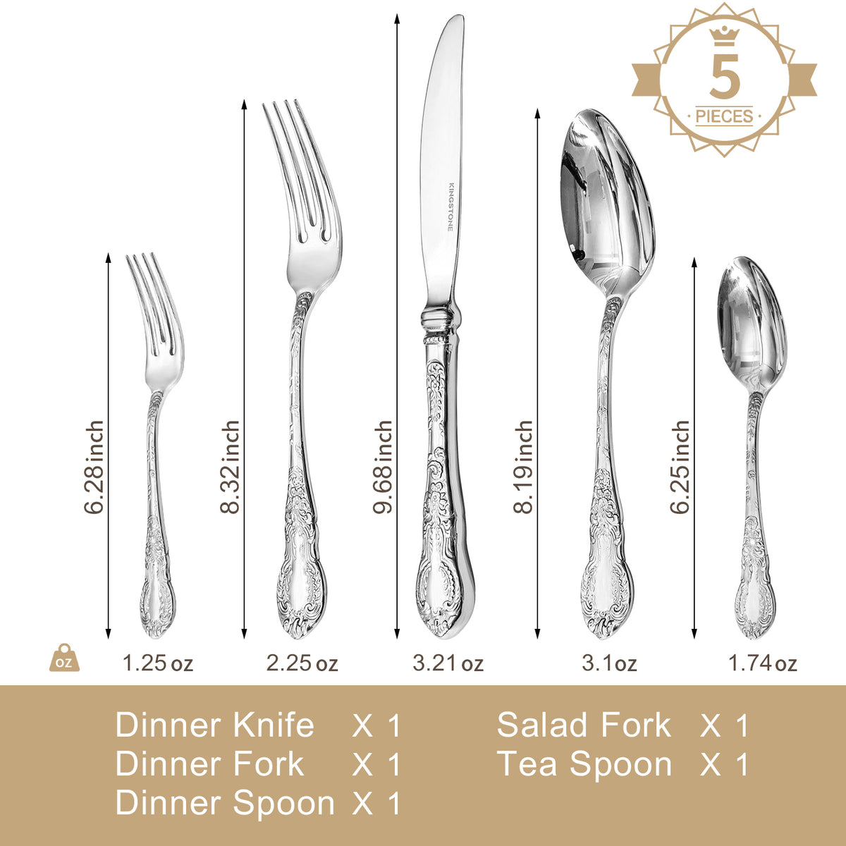 KINGSTONE Vintage Carved Silverware Set, 5-Piece 18/10 Stainless Steel Flatware