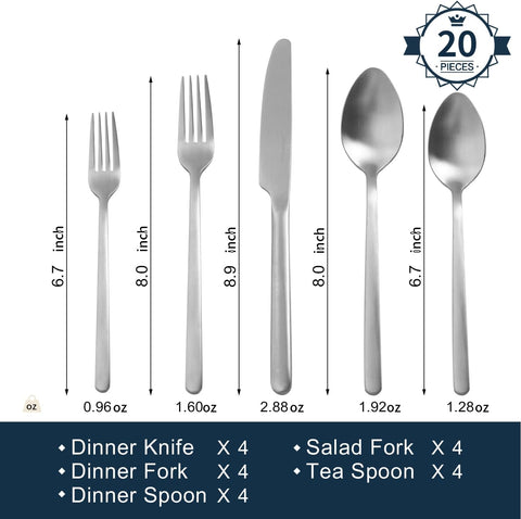 18/10 Stainless Steel 20 Piece Flatware Set, Service for 4