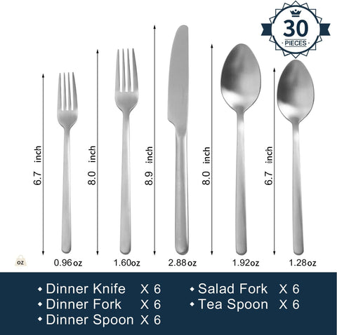 18/10 Stainless Steel 30 Piece Flatware Set, Service for 6