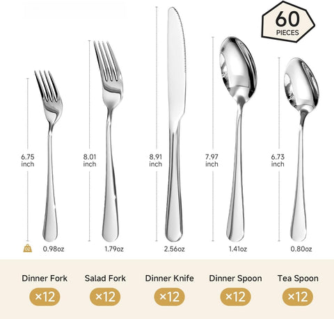 Classic Round 18/10 Stainless Steel 60 Piece Flatware Set, Service for 12