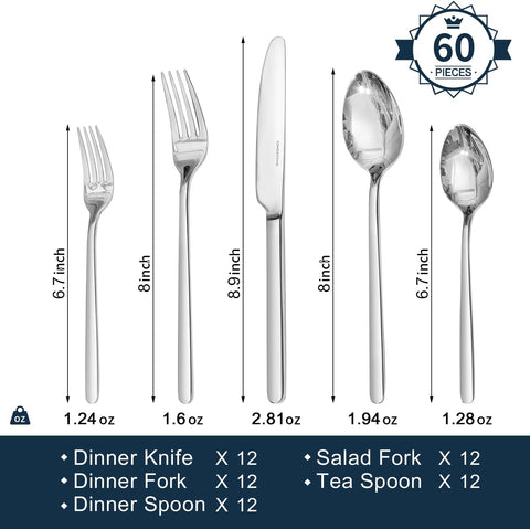 18/10 Stainless Steel 60 Piece Flatware Set, Service for 12