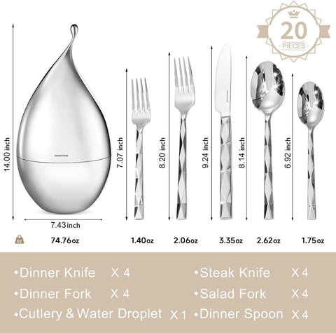 20 Piece Facet Silverware Set with Droplet Storage Organizer