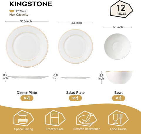 Revival Gold Trim Bone China 12 Piece Dinnerware Set, Service for 4