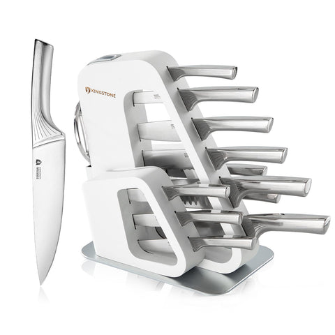 KINGSTONE Kitchen Knife Set with Block, 14 Pcs German Stainless Steel Knife Set with Built-in Sharpener, Dishwasher Safe Knife Block Set(natural, 14pcs)