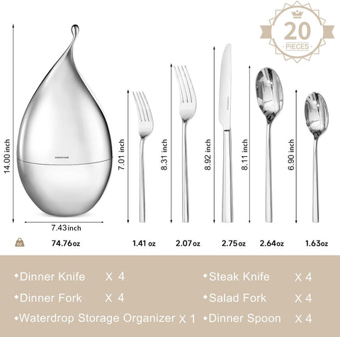 20 Piece Classic Silverware Set with Droplet Storage Organizer