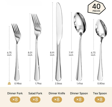 Classic Round 18/10 Stainless Steel 40 Piece Flatware Set, Service for 8