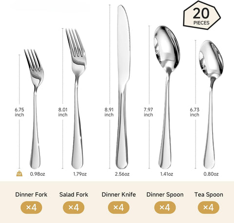 Classic Round 18/10 Stainless Steel 20 Piece Flatware Set, Service for 4