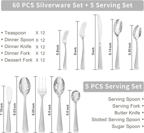 Matte Bead Edge 65 Piece Flatware Set, Service for 12