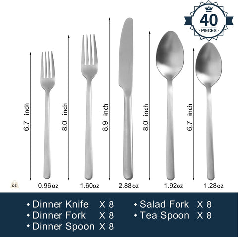18/10 Stainless Steel 40 Piece Flatware Set, Service for 8