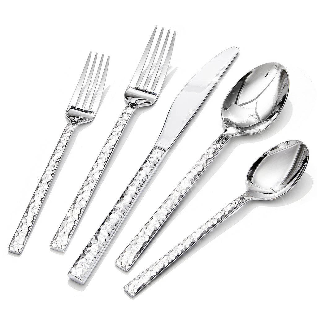KINGSTONE Hammered Silverware Set, 18/10 Stainless Steel Flatware Set, Cutlery Set for Home, Party, Wedding, Mirror Polished Dishwasher Safe