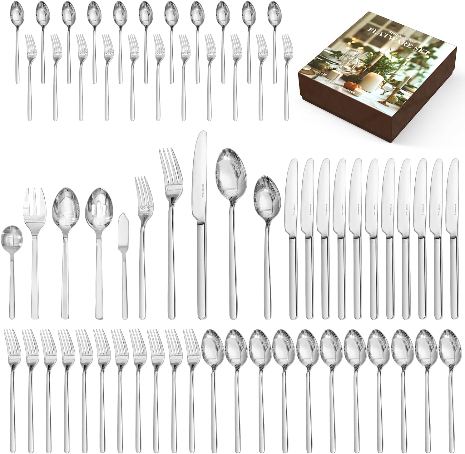 KINGSTONE Silverware Set, Flatware Set for 8, 18/10 Stainless Steel Cutlery Set Mirror Polished Modern Design Dishwasher Safe, Matte Silver