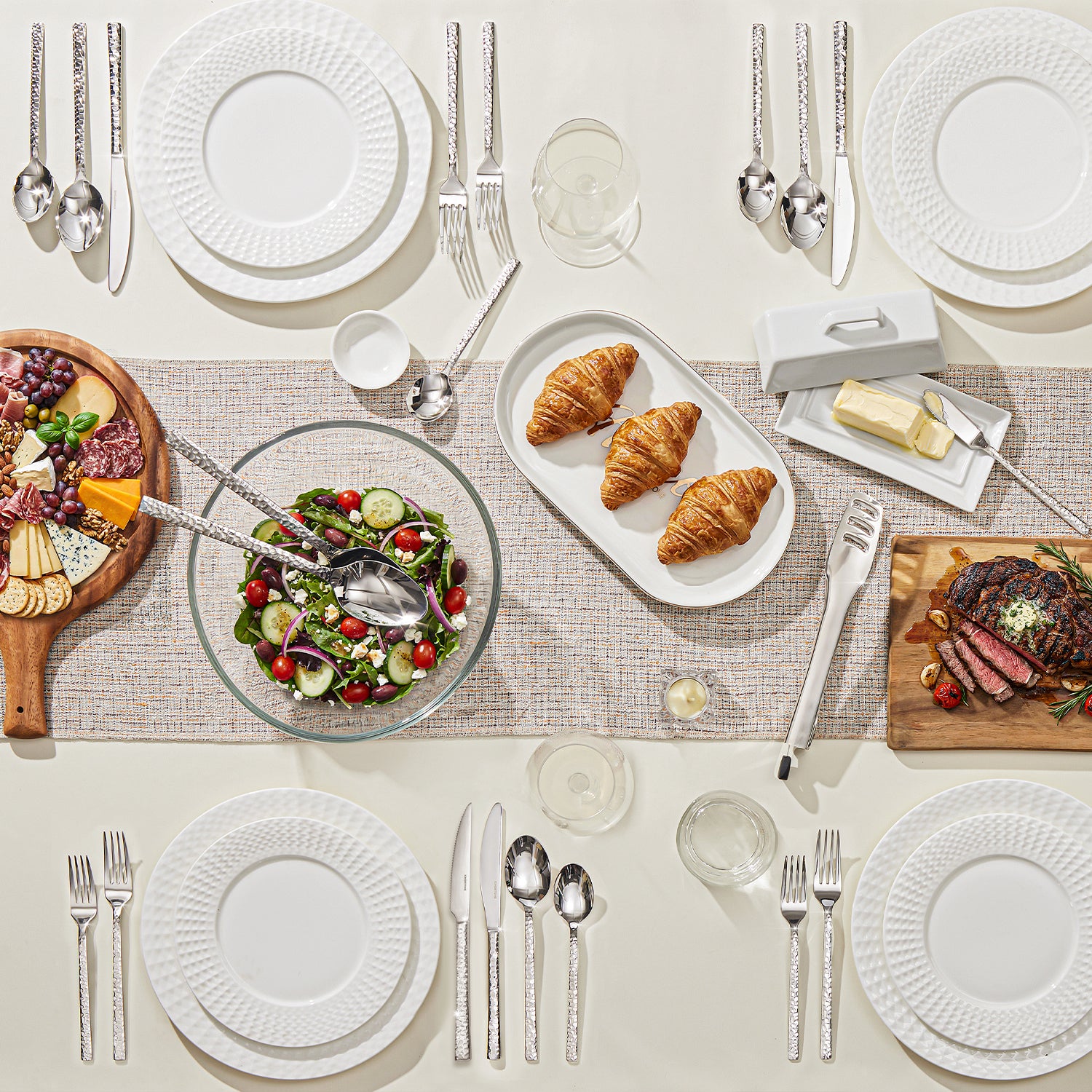 KINGSTONE 18/10 Stainless Steel Silverware Set with Serving Utensils for 8, Cutlery Set with Hammered Pattern for Kitchen, Home, Restaurant, Mirror Polished & Dishwasher Safe