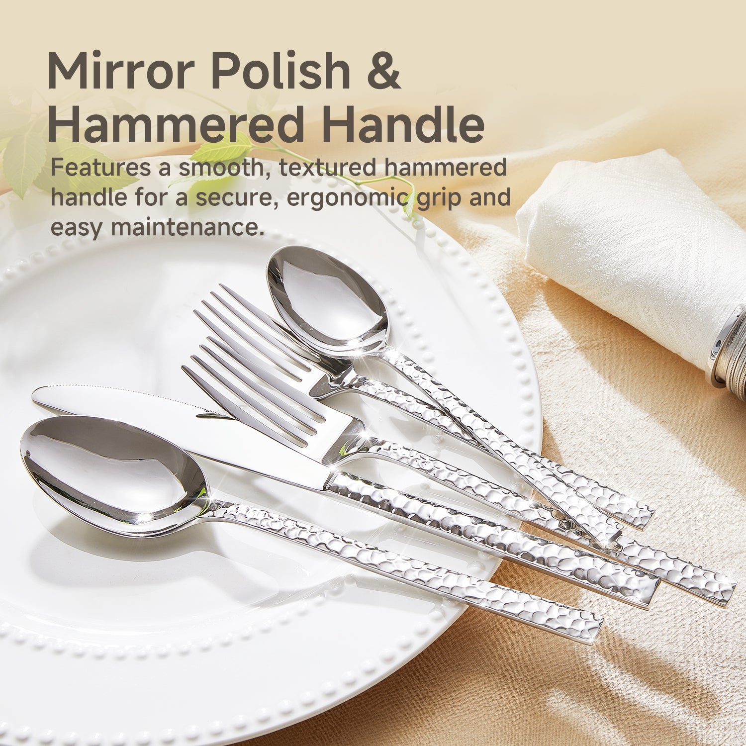 KINGSTONE 18/10 Stainless Steel Silverware Set with Serving Utensils for 8, Cutlery Set with Hammered Pattern for Kitchen, Home, Restaurant, Mirror Polished & Dishwasher Safe
