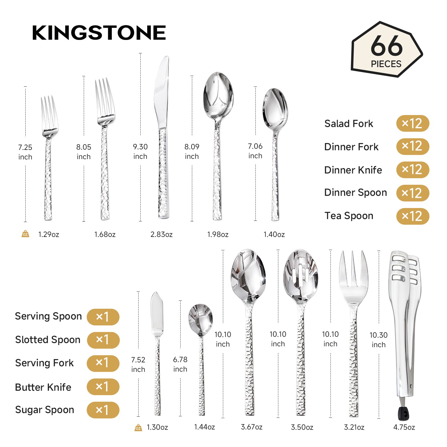KINGSTONE 18/10 Stainless Steel Silverware Set with Serving Utensils for 8, Cutlery Set with Hammered Pattern for Kitchen, Home, Restaurant, Mirror Polished & Dishwasher Safe