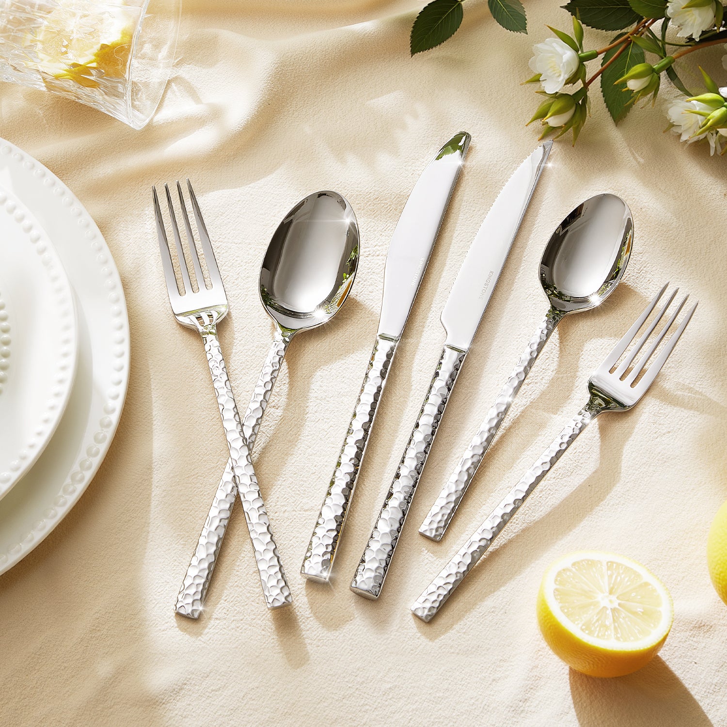 KINGSTONE 18/10 Stainless Steel Silverware Set with Serving Utensils for 8, Cutlery Set with Hammered Pattern for Kitchen, Home, Restaurant, Mirror Polished & Dishwasher Safe
