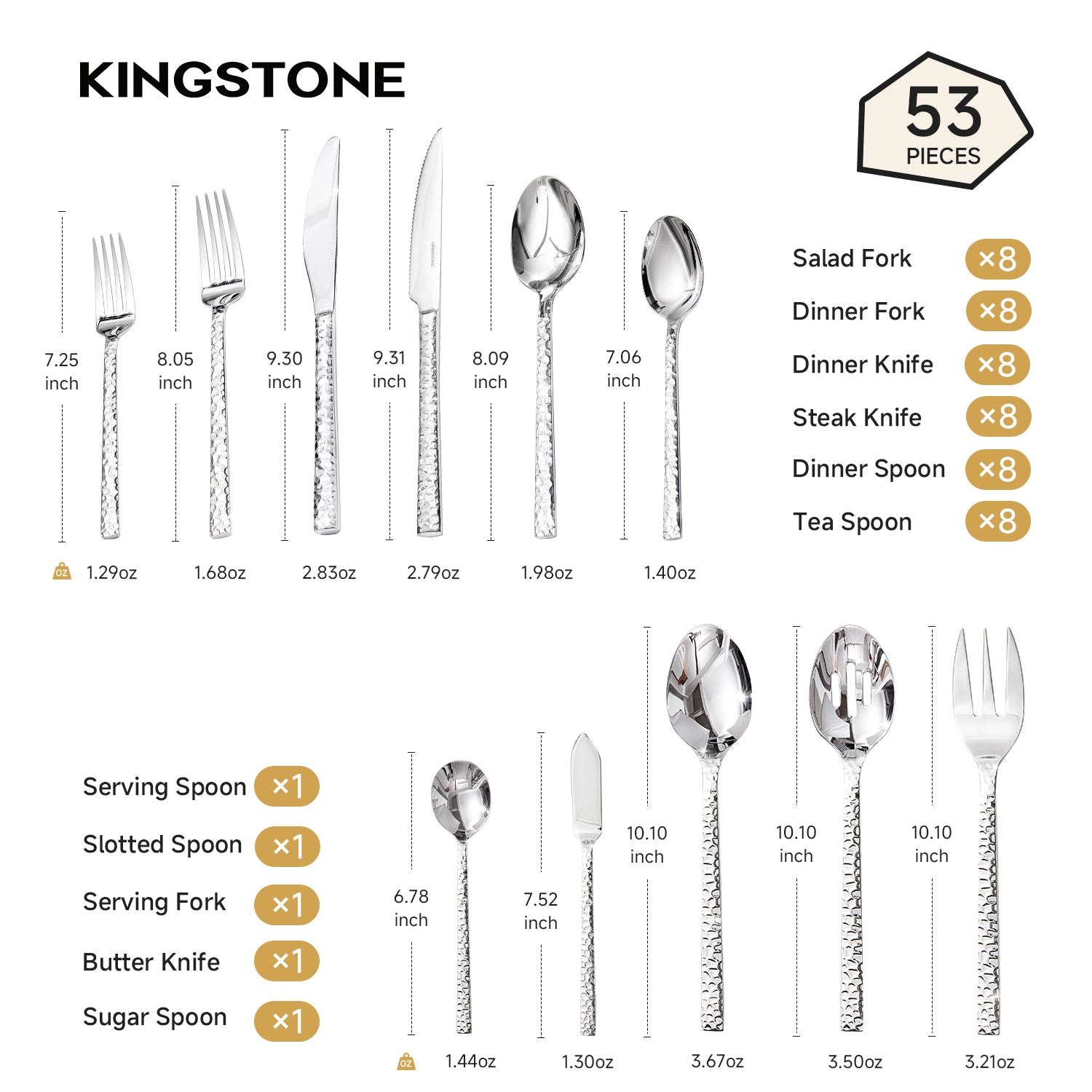 KINGSTONE 18/10 Stainless Steel Silverware Set with Serving Utensils for 8, Cutlery Set with Hammered Pattern for Kitchen, Home, Restaurant, Mirror Polished & Dishwasher Safe