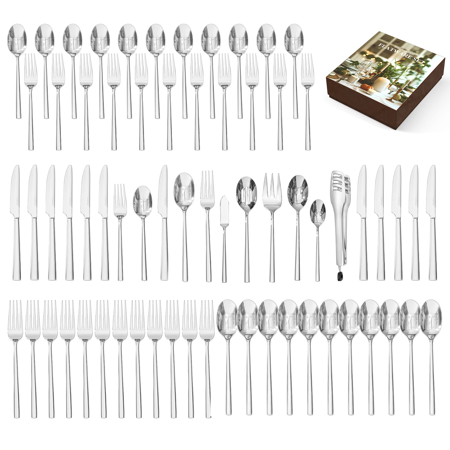 KINGSTONE Silverware Set with Serving Pieces, 18/10 Stainless Steel Flatware Service for 8, Mirror Polished Cutlery, Dishwasher Safe