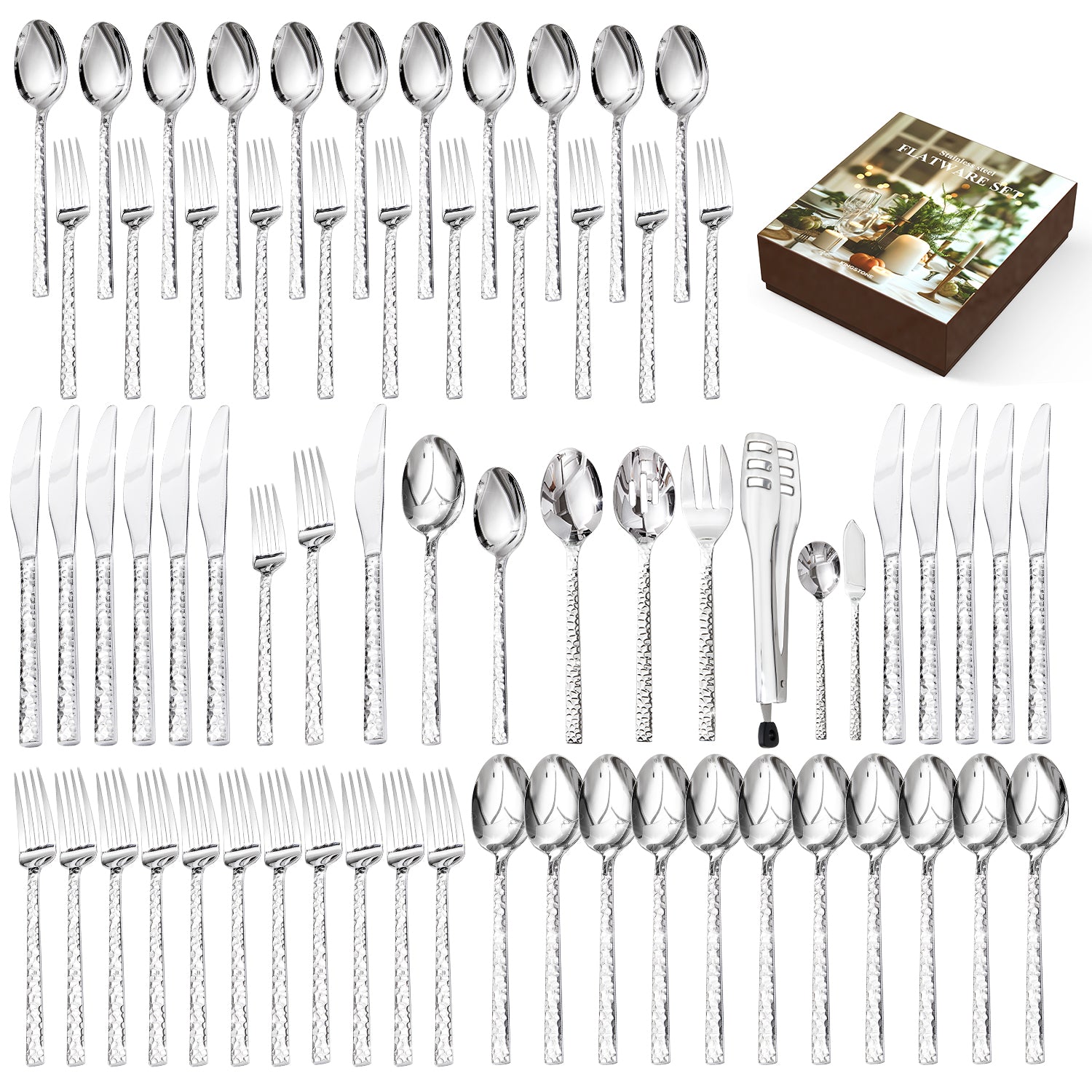 KINGSTONE 18/10 Stainless Steel Silverware Set with Serving Utensils for 8, Cutlery Set with Hammered Pattern for Kitchen, Home, Restaurant, Mirror Polished & Dishwasher Safe