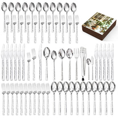 KINGSTONE 18/10 Stainless Steel Silverware Set with Serving Utensils for 8, Cutlery Set with Hammered Pattern for Kitchen, Home, Restaurant, Mirror Polished & Dishwasher Safe